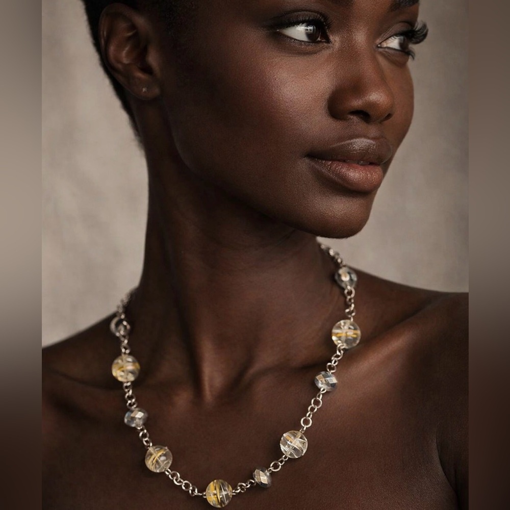 Long Silver-Tone Crystal Beaded Necklace | Double Drop Statement